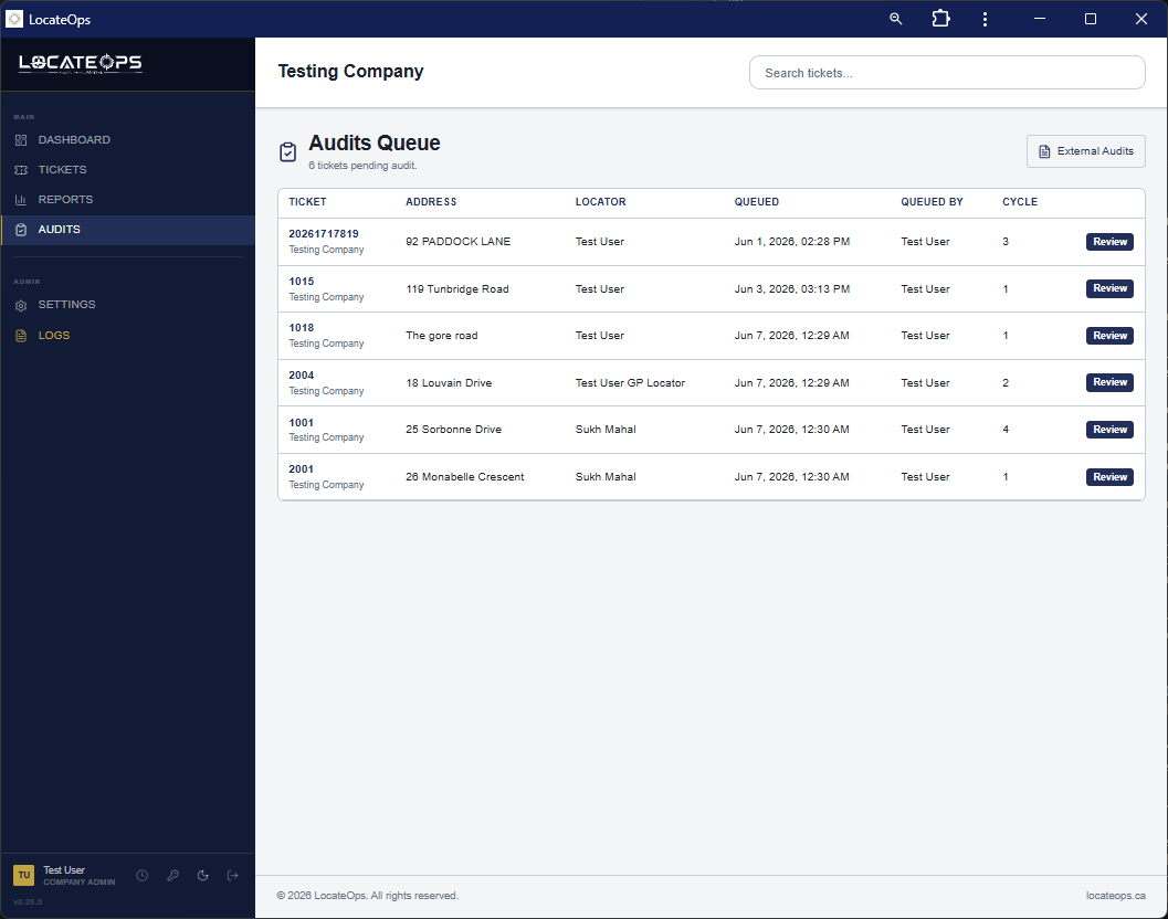 The Audits queue page listing tickets awaiting review