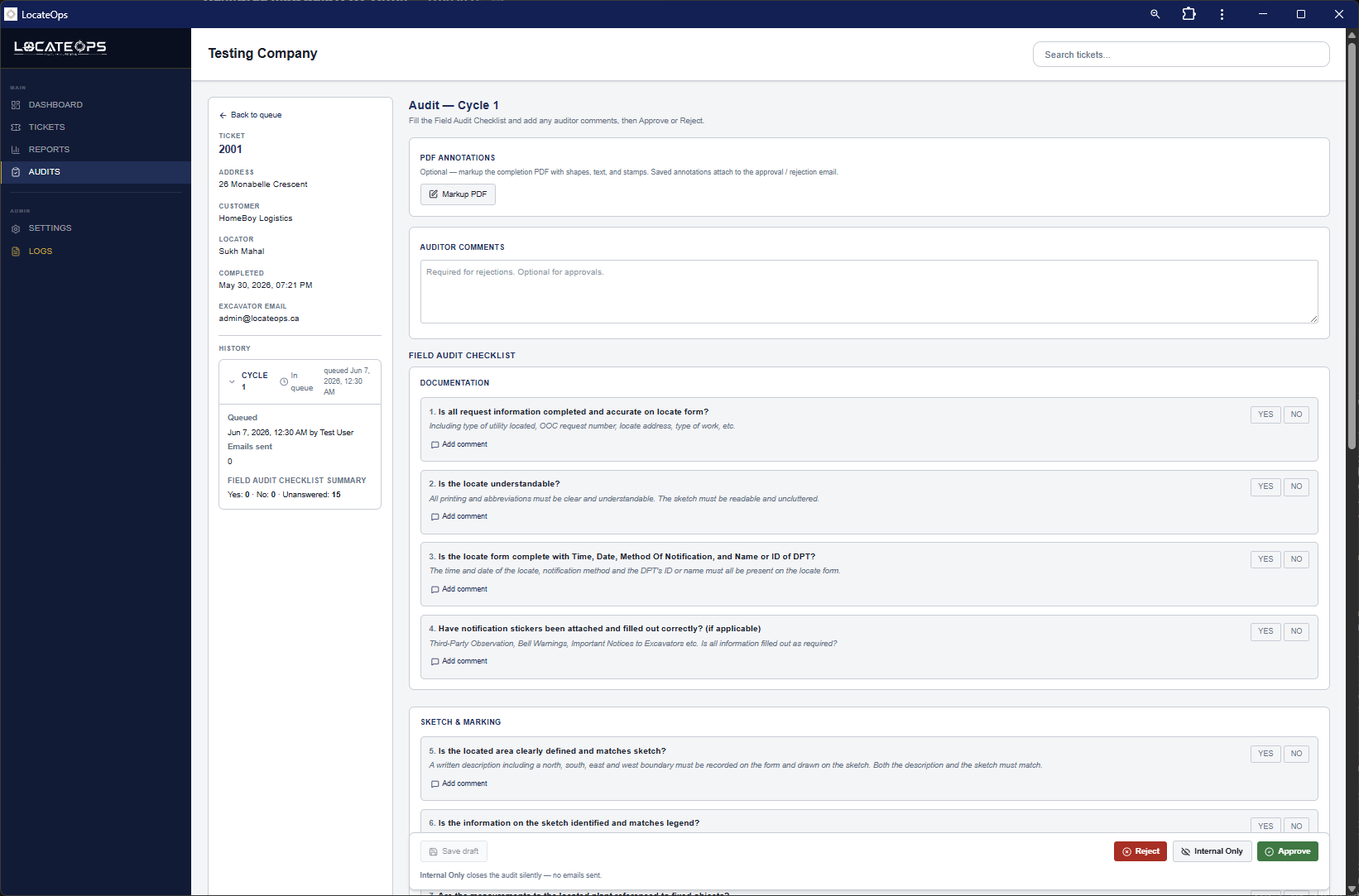 An open audit showing the ticket detail alongside the audit checklist panel