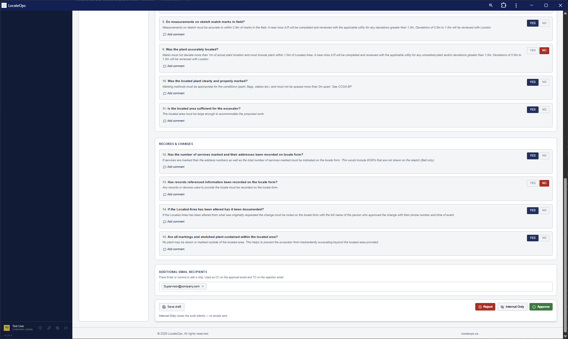 The Field Audit Checklist with several yes/no questions answered