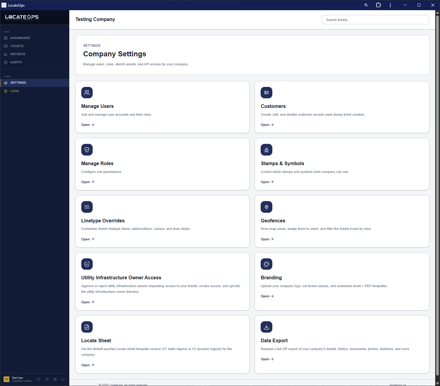 The Settings index showing the available tiles