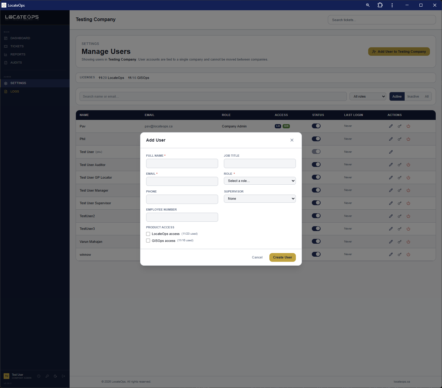 The Users settings page with the add-user form