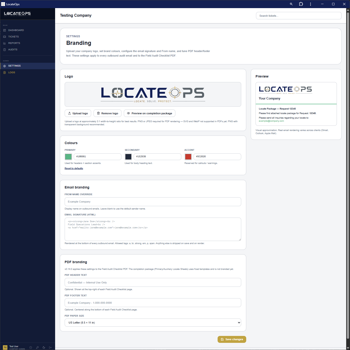 The Branding settings page with logo upload and colour pickers