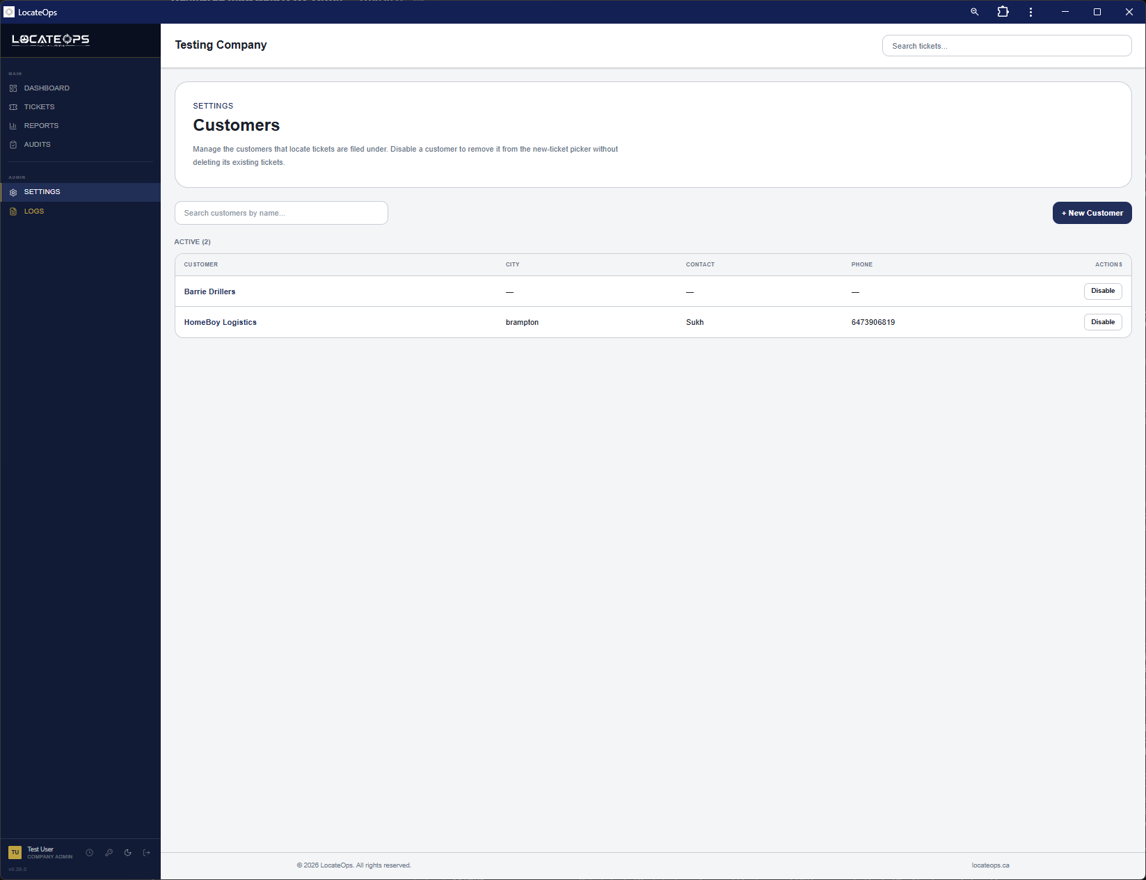 The Customers settings page listing customers with their status