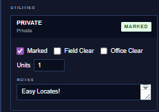 A completion utility card with the Marked / Field Clear / Office Clear options
