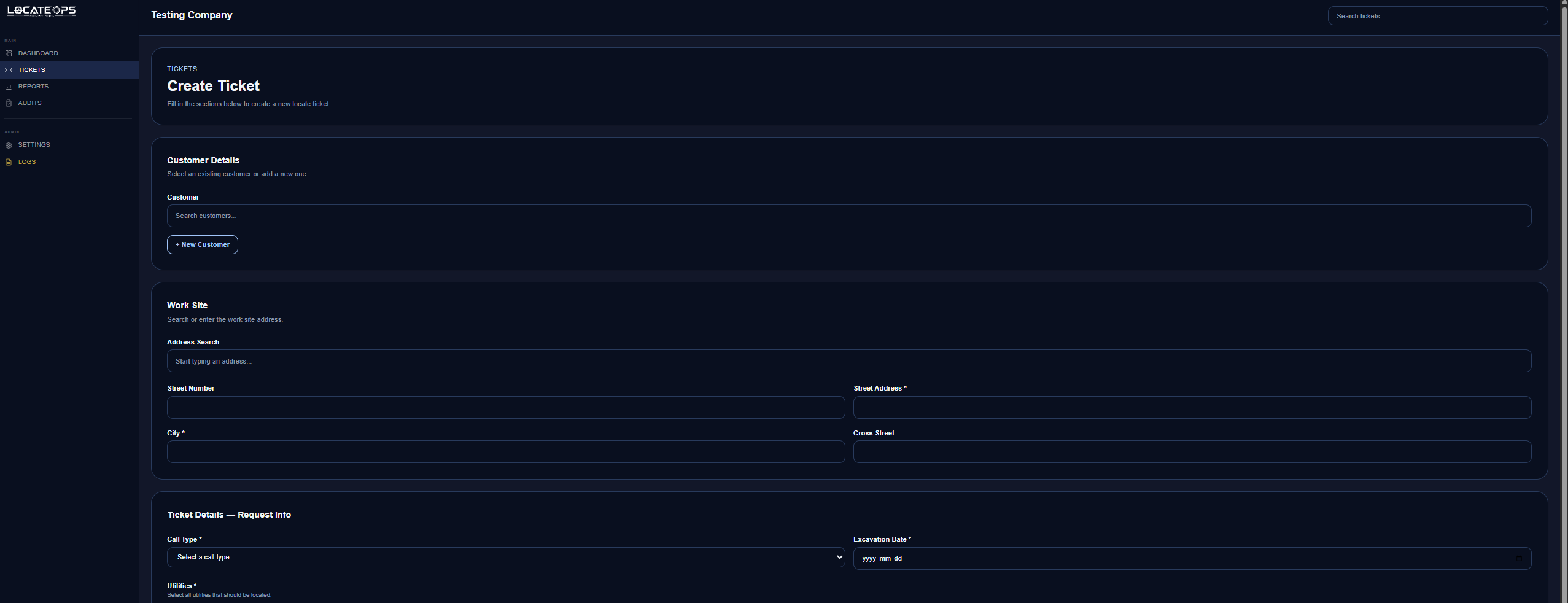 The Create Ticket form, showing the customer picker, utilities multi-select, location, and map