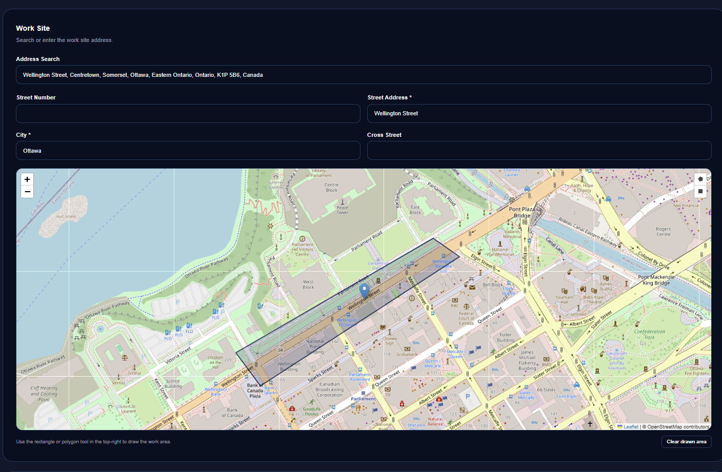 The location section with the tall create map and a placed work pin