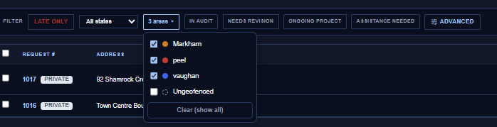 The tickets board geofence filter dropdown with two areas selected