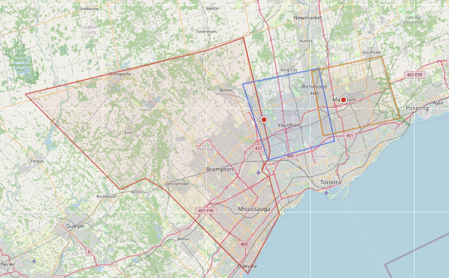 The board map with several coloured geofence outlines and a name tooltip