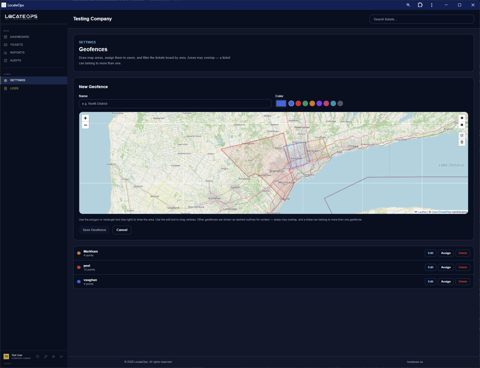 The Settings → Geofences page with the draw-on-map editor and the area list