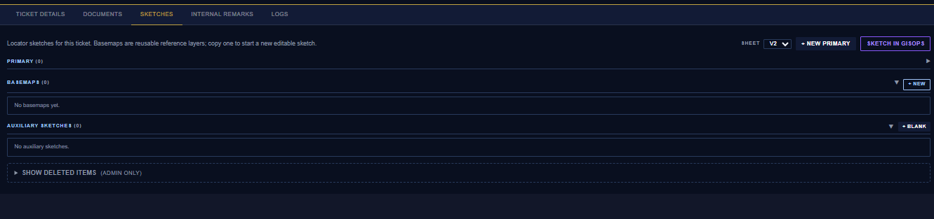The Sketches tab showing the Primary, Basemaps, and Auxiliary groups