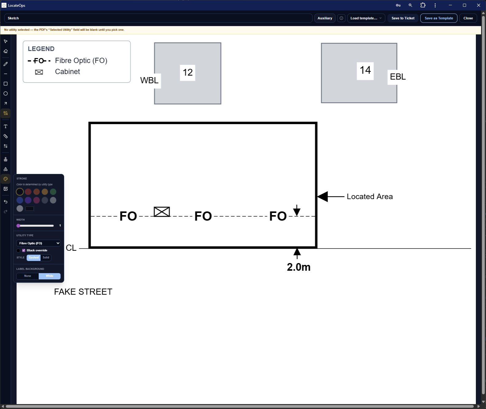 The sketch editor with the toolbar and a partly-drawn locate on the canvas