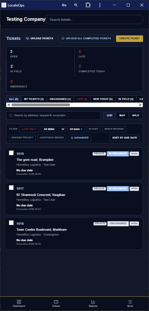 The mobile Tickets Board showing ticket cards with status badges