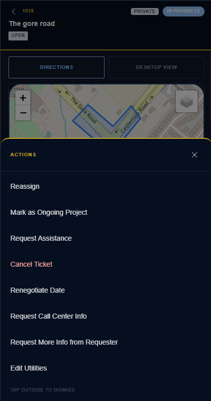 A mobile ticket card with the “⋯” overflow menu open