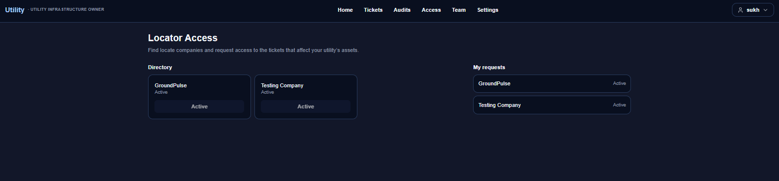 The Utility Owner Access settings page with a pending request and the approve / reject actions