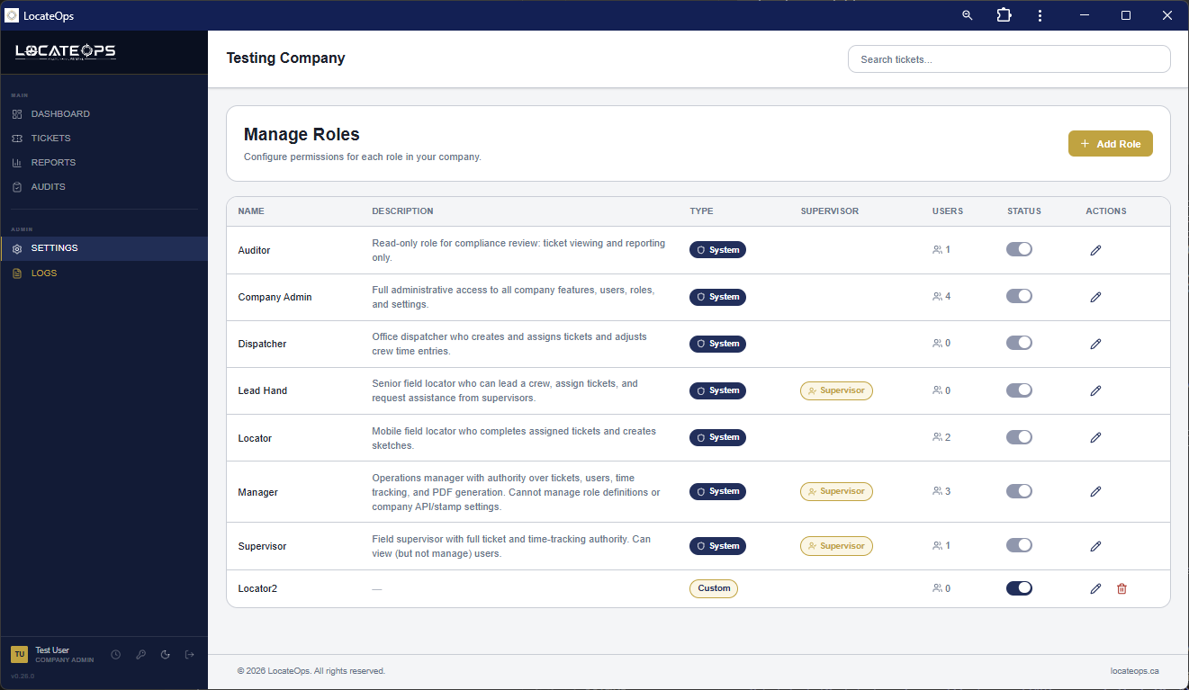 The Roles settings page listing the standard roles