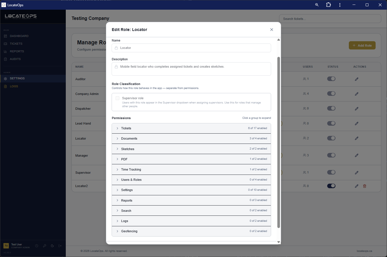 The role editor showing permission checkboxes grouped by category