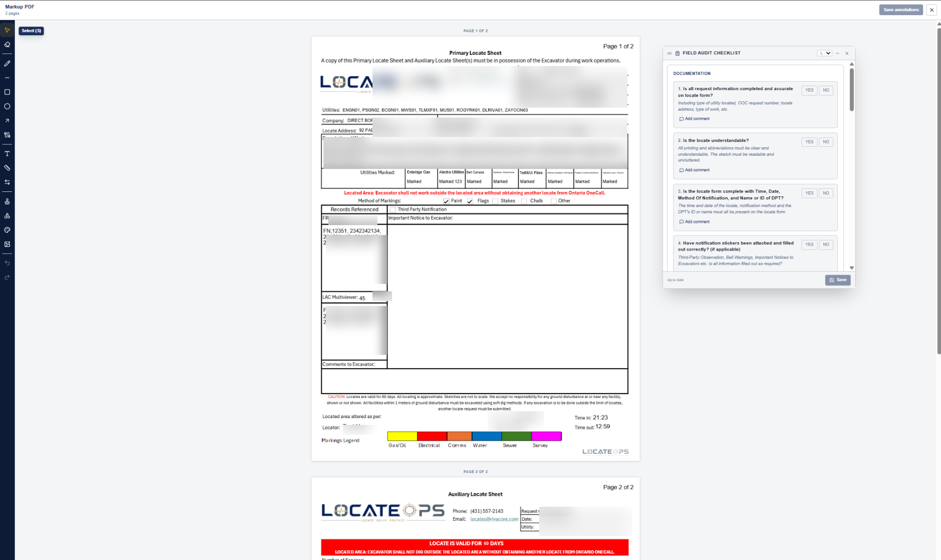 LocateOps screen showing field audit markup