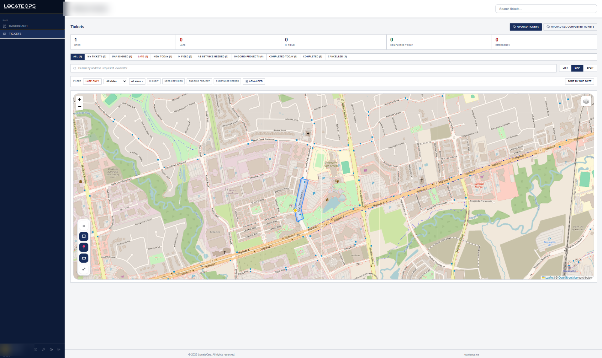 LocateOps screen showing tickets on the map